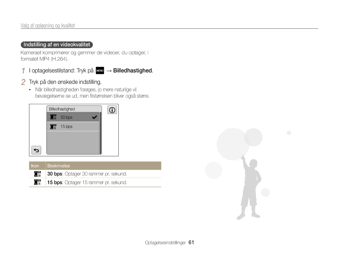 Samsung EC-MV800ZBPBE2 manual Indstilling af en videokvalitet , → Billedhastighed 